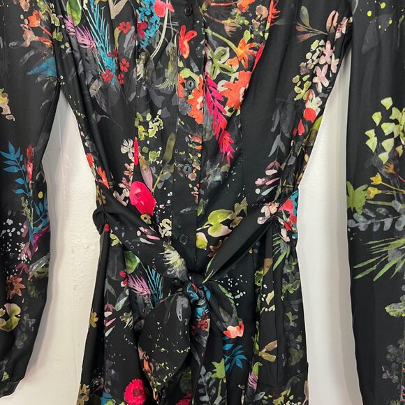 Parker Midi Dress Black Colorful Floral Button Down Long Sleeve Belted 4 Small - Picture 3 of 6